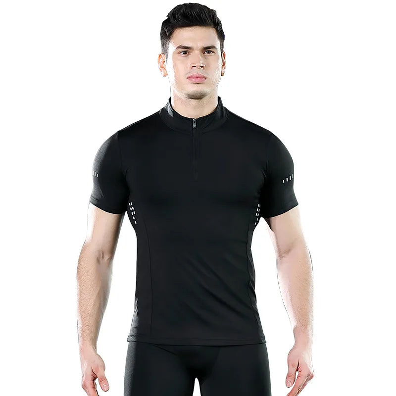 Men Tight Sport T-Shirt Short Sleeve Gym Running Clothing Fitness Compression Sportswear Zip Pullover Hiking Rashgard Sweatshirt