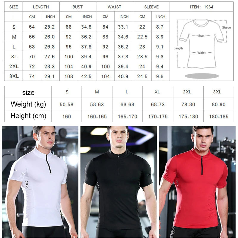 Men Tight Sport T-Shirt Short Sleeve Gym Running Clothing Fitness Compression Sportswear Zip Pullover Hiking Rashgard Sweatshirt