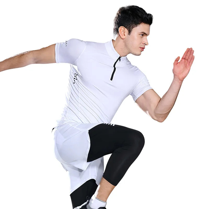 Men Tight Sport T-Shirt Short Sleeve Gym Running Clothing Fitness Compression Sportswear Zip Pullover Hiking Rashgard Sweatshirt