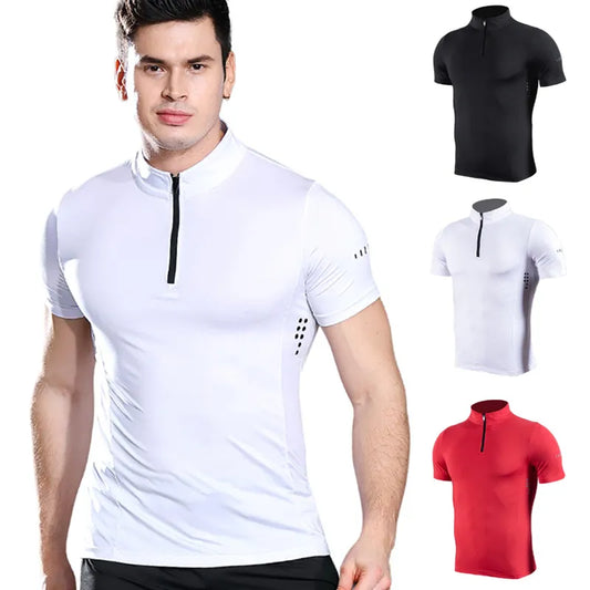 Men Tight Sport T-Shirt Short Sleeve Gym Running Clothing Fitness Compression Sportswear Zip Pullover Hiking Rashgard Sweatshirt
