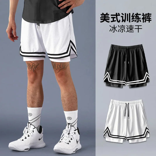 American Basketball Shorts Men's Fake Two Training Sports Running Ice Silk Quick Dry But Knee Fitness Five Quarter Pants Summer